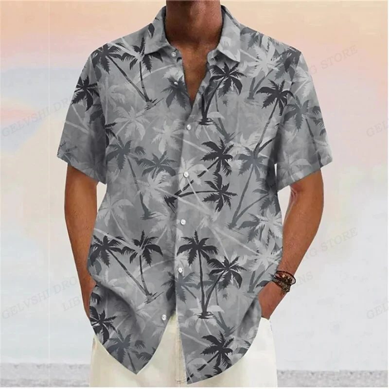 Summer Men Hawaiian Shirts Coconut Tree Lapel Camisas Men Fashion Short Sleeve Shirt Floral Blouse Turn Over Collar Clothes Male 5