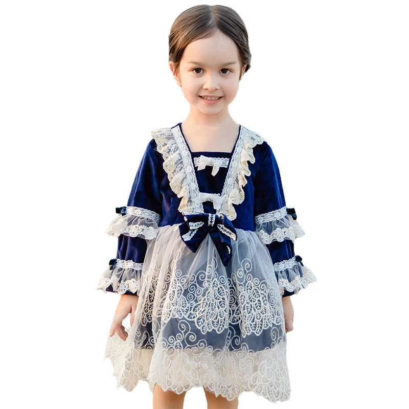 Autumn Velvet Lace Fluffy Skirt Stage Party Lolita Skirt Bow Tie Lolita Girls Dress
