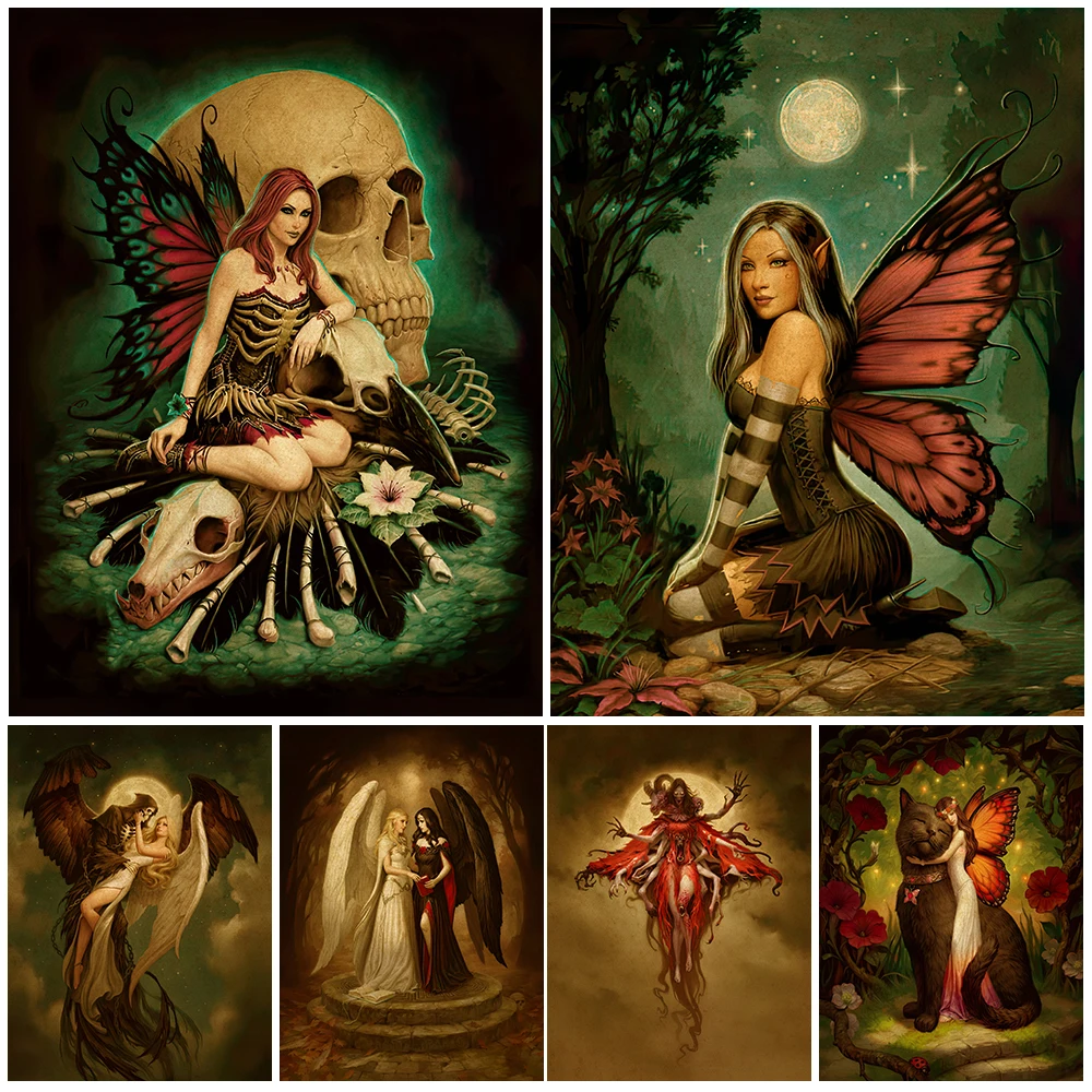 Angel And Devil Friendship Vintage Art Poster Print Mermaid And Butterfly Fairy Retro Wall Art Canvas Painting Home Decoration