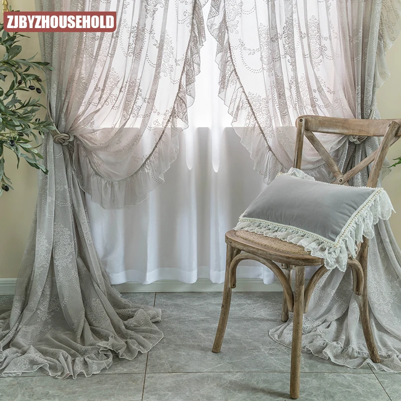 

Vintage Lace Sheer Curtains for Living Room Bedroom Solid Gray Voile Girls Backdrop Tulle Window Treatment Decor French Romance