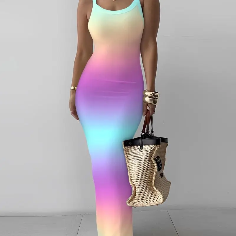 

Rainbow Ombre U-Neck Maxi Skims Dress Women Sleeveless High Waist Slim Sexy Long Dress Summer