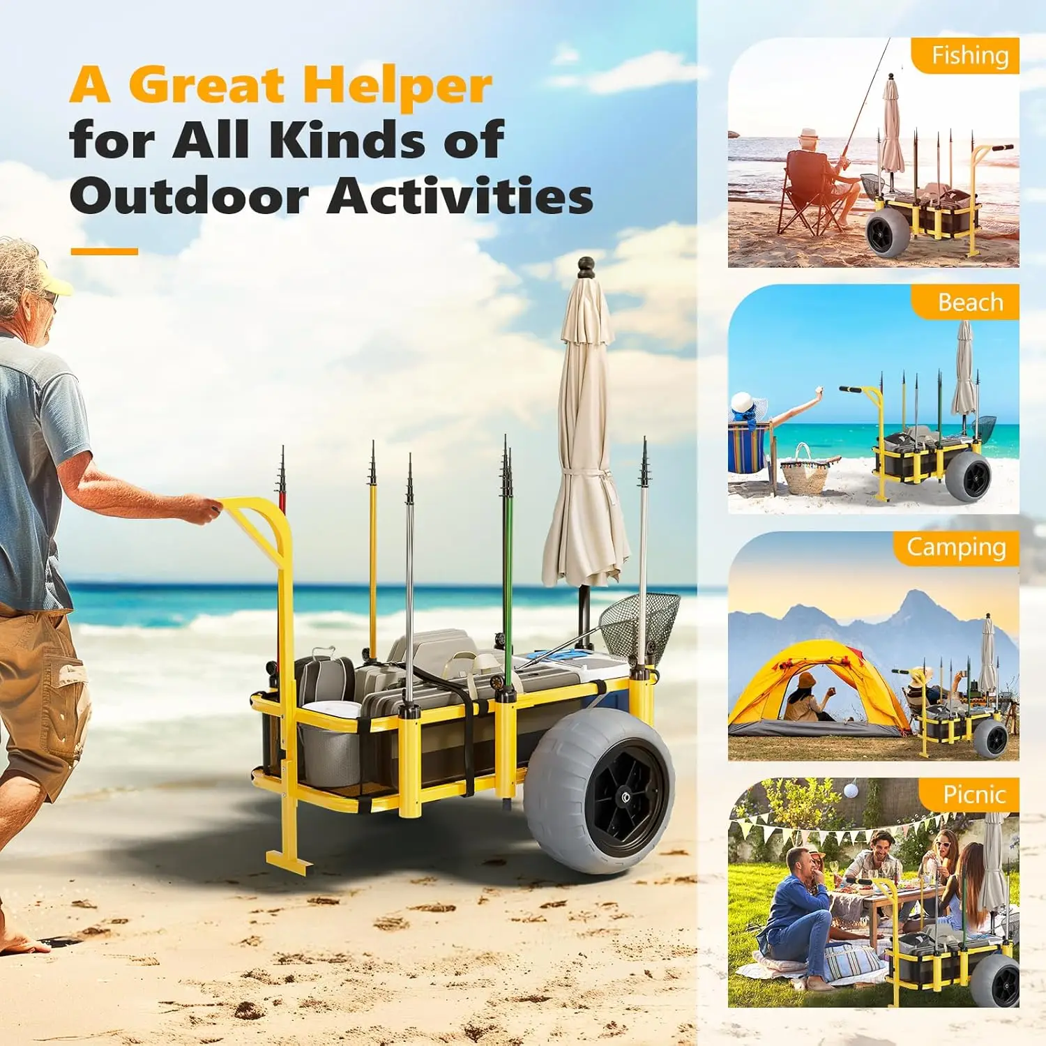 Bonnlo Beach Fishing Cart, Beach Wagon Trolley with 16" Big Balloon Wheels for Sand, Foldable Trailer with Large Cargo