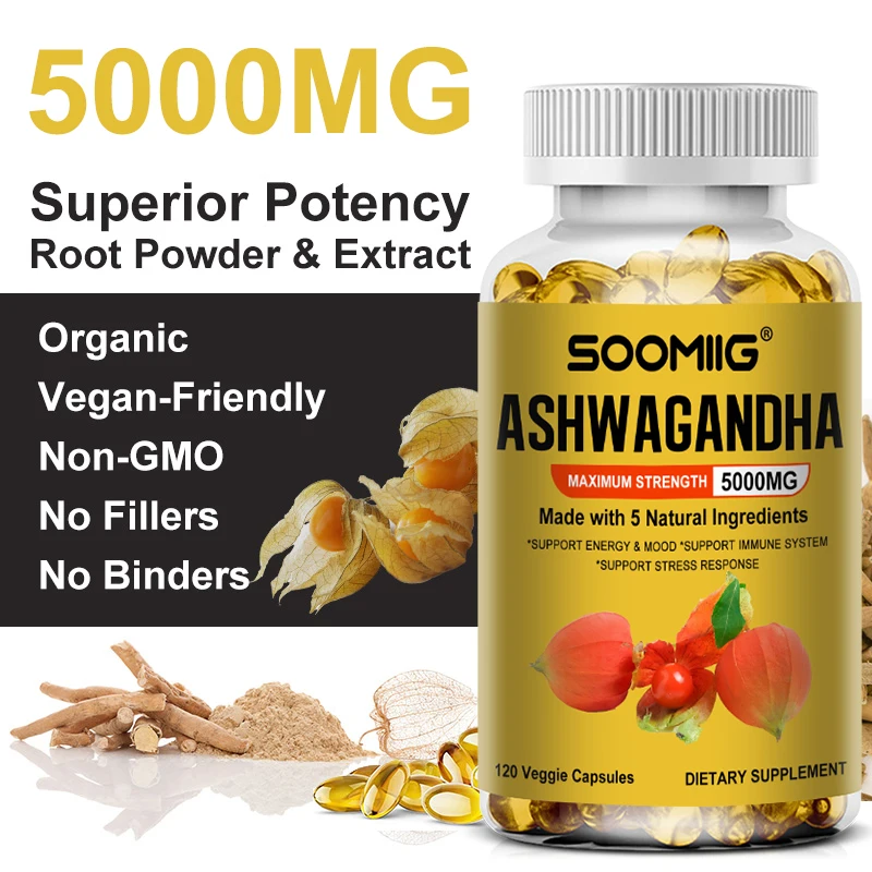 Ashwagandha Supplement Organic Ashwagandha Capsules 5000 Mg Promotes Stress Relief Natural Mood and Focus Natural Energy Supplement Unisex