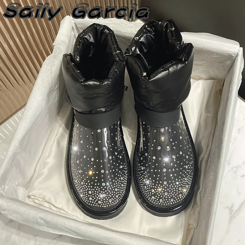 

Round Toe Rhinestones Short Plush Slip On Snow Boots Christmas Wild PVC Upper Platform Boots Buling Glossy Casual Women Boots