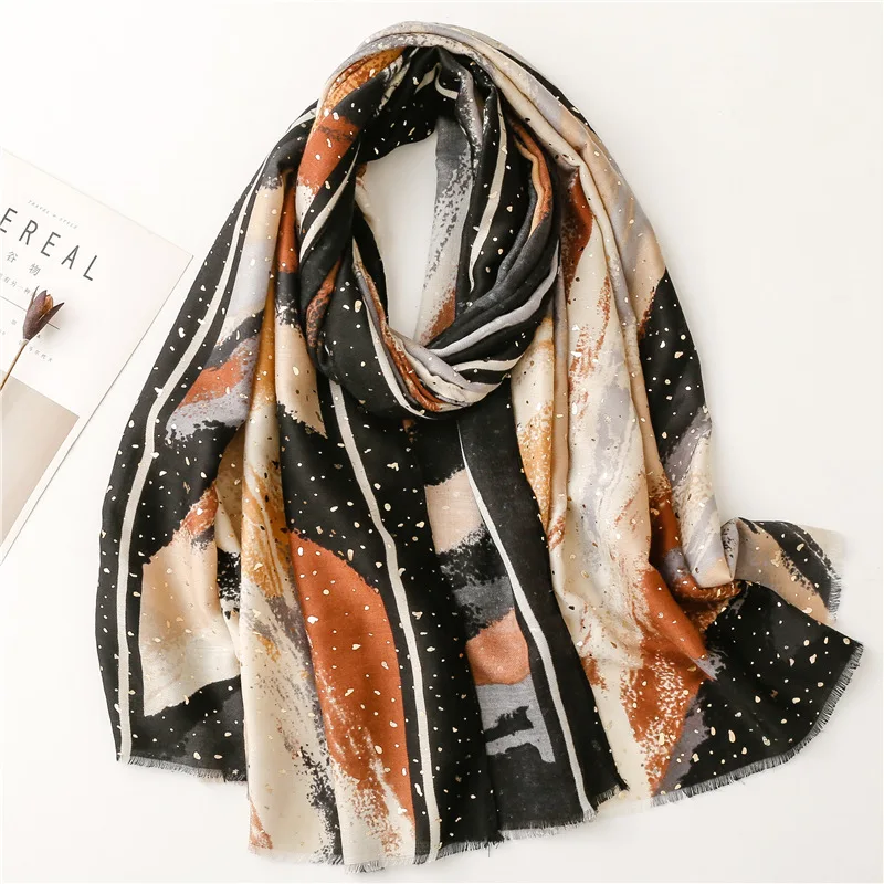 Fashion Brand Design Scarf Ink Painting Geometric Fringe Viscose Shawl Shiny Dot Handband Wrap Neck Snood Muslim Hijab 180*90Cm