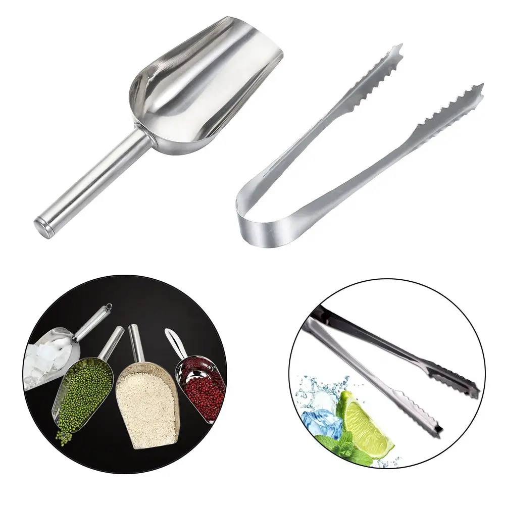 Multi-function 8-inch Stainless Steel Ice Shovel And 6-inch Ice Clip Party Candy Cake Clip Ice Flour Grain Tea Coffee Food Tools