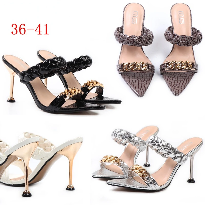 

Туфли женские на высоких шпильках, заостренный носок, металлическая цепочка, плетеные, искусственная кожа, туфли-лодочки, летняя обувь