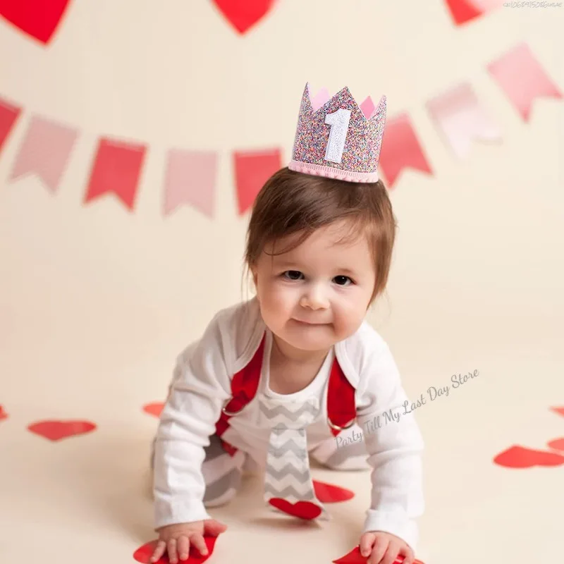 1 Year Old Baby Birthday Party Pink Crown ONE First 1st Color Powder Crown Happy Birthday Party Hat Kids Girl Baby Shower Decor