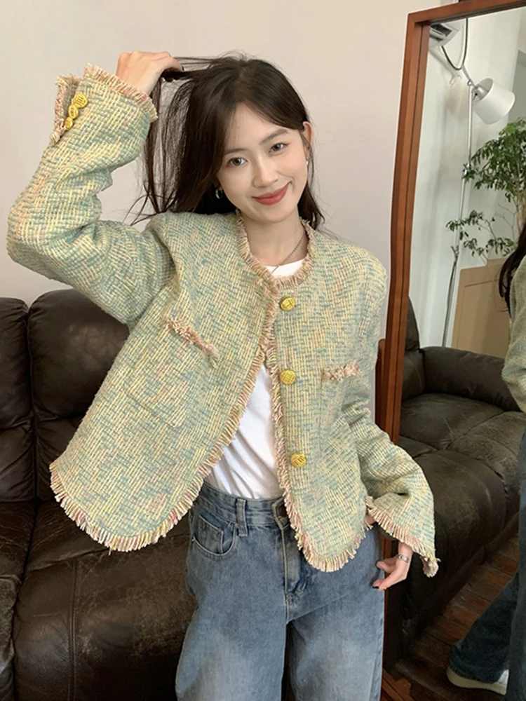 

Spring Fashion French Greeen Small Fragrance Tassel Jackets Coats Top Women's Clothes O-Neck All-Match Outerwear Casacos