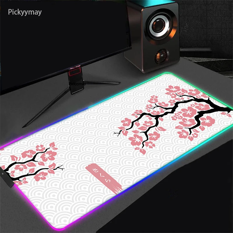 Sakura Grande Mouse Pad Rgb Mousepad Brilho Led Gamer de Computador Teclado pc Desk Mat Acessórios de Escritório Mists de Mesa Rosa - Imagem 2