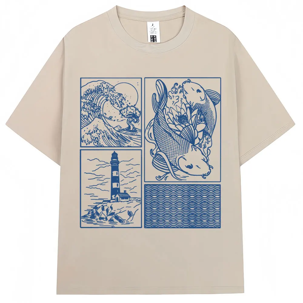 Vintage Japanese Hokkaido Wave Oversized Cotton Tee - Unisex Harajuku Fashion Summer T-Shirt