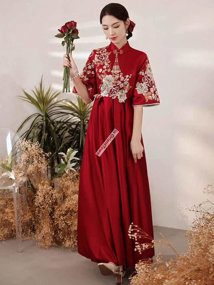 Eastern Asian Qipao Pregnant Woman's Toast Dress Bride Summer Wedding Engagement Dresses Hide Cover Big Belly Cheongsam Apparel