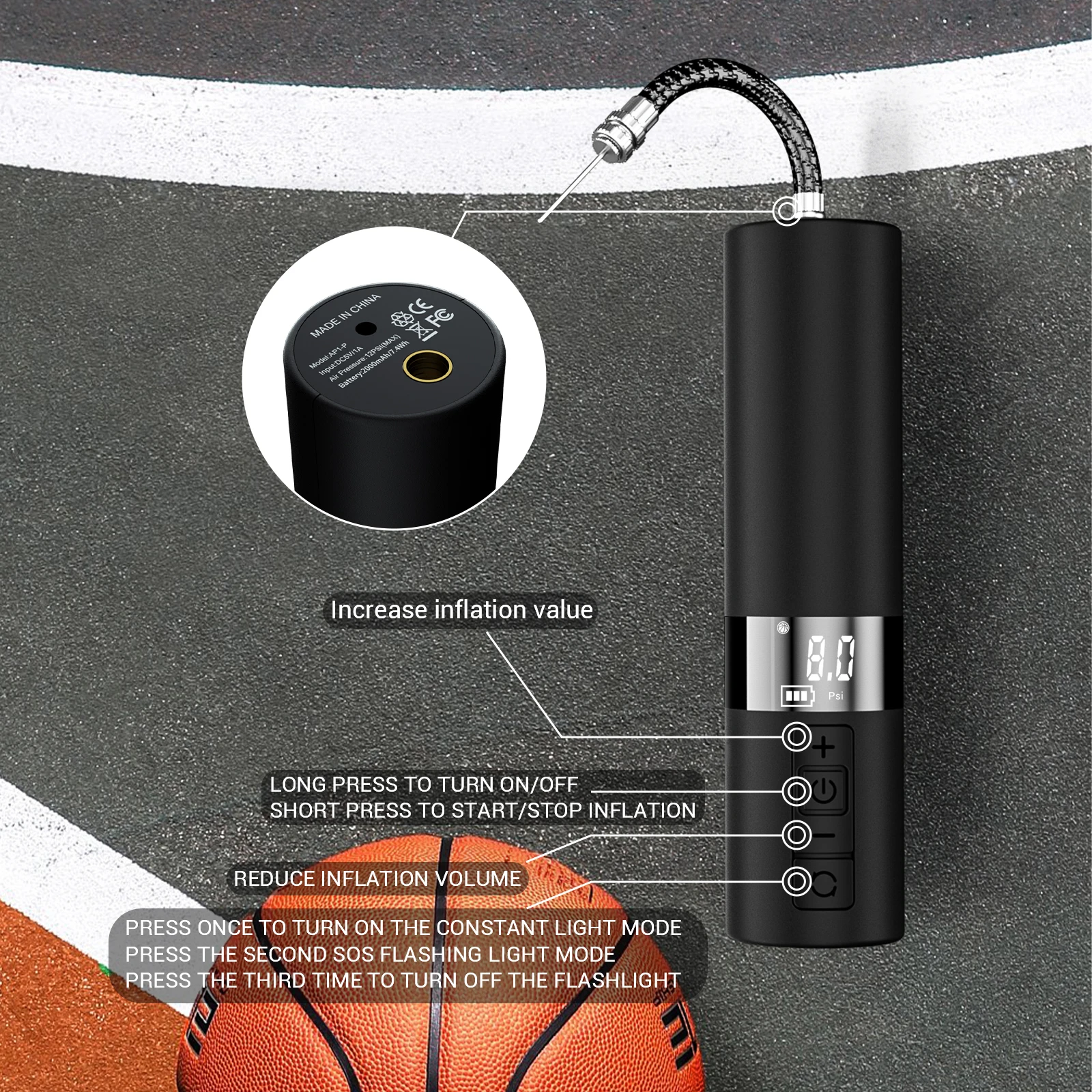 Electric Air Ball Pump, Portable Battery Powered Ball Pump with LCD Display Needles 12 PSI Mini Air Pump for Basketball Football