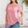 Plus Size Women's Solid Lace Square Neck Tunic Tops Summer Ladies Short Sleeve Casual Holiday Pullover T Shirts Tee Size 0XL-5XL