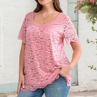 Plus Size Women's Solid Lace Square Neck Tunic Tops Summer Ladies Short Sleeve Casual Holiday Pullover T Shirts Tee Size 0XL-5XL