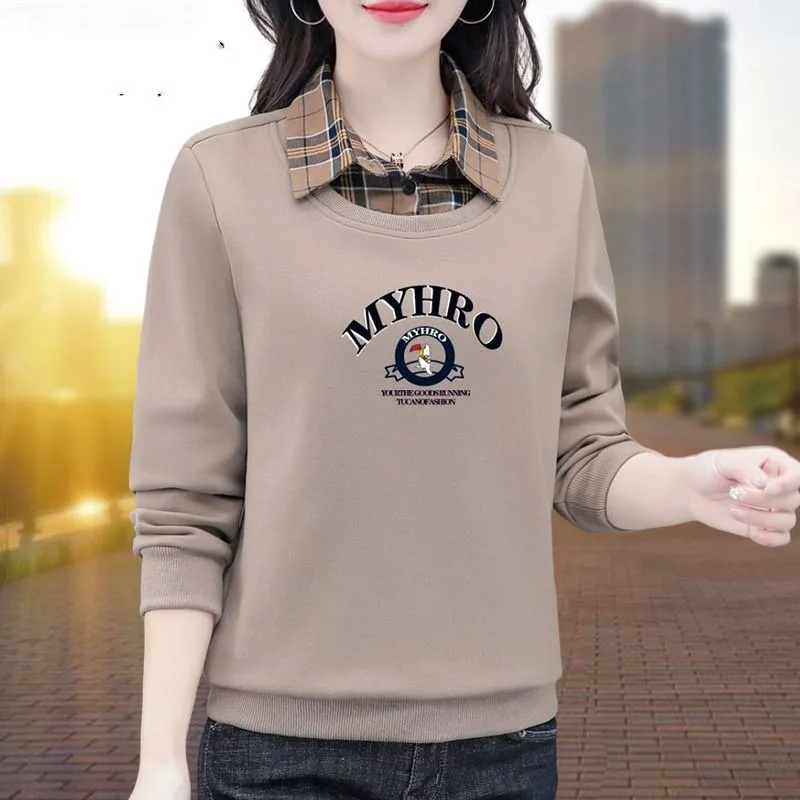 Spring and Autumn Women's Pullover Polo Letter Print Solid Button Plaid Panel Long Sleeve Hoodies Fashion Elegant Casual Tops