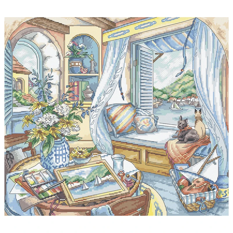 

Amishop Top Quality Counted Cross Stitch Kit Window Seat Scenery Outside The Window Dogs Vase Flower Home Decorate LETI L8006