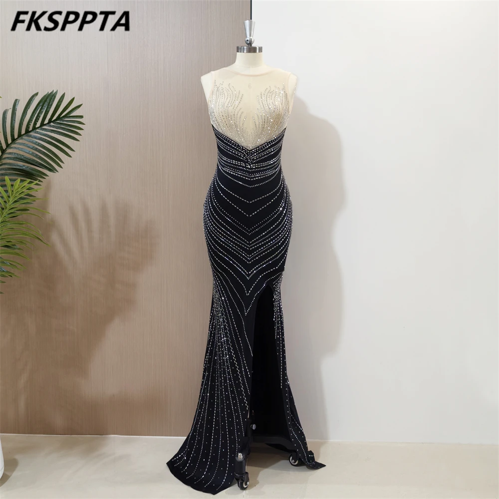 

Long Stunning Black Mermaid Evening Dress 2024 Crystals See Through Sexy Women Special Occasion Gowns In Stock Robe De Soiree