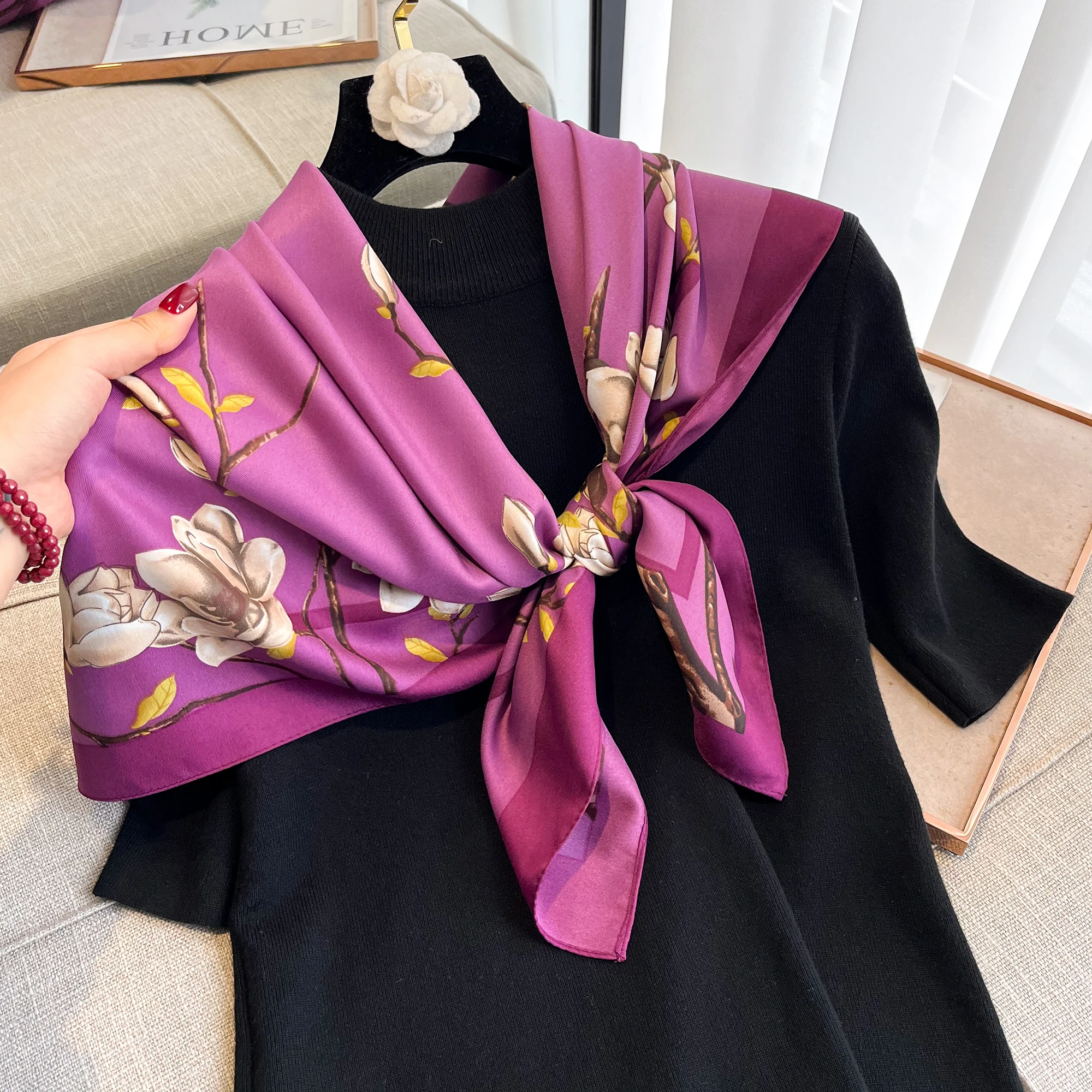 New Luxury Brand Silk Scarf Women Large Shawls Hijab Design FLoral art imitation silk sunscreen outdoor Travel beach towel