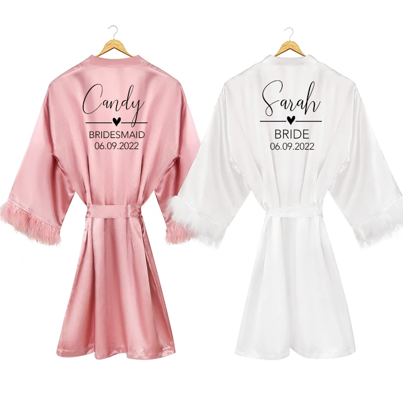 new Feathered Bride Robes custom name feather satin bathrobe Bridesmaid