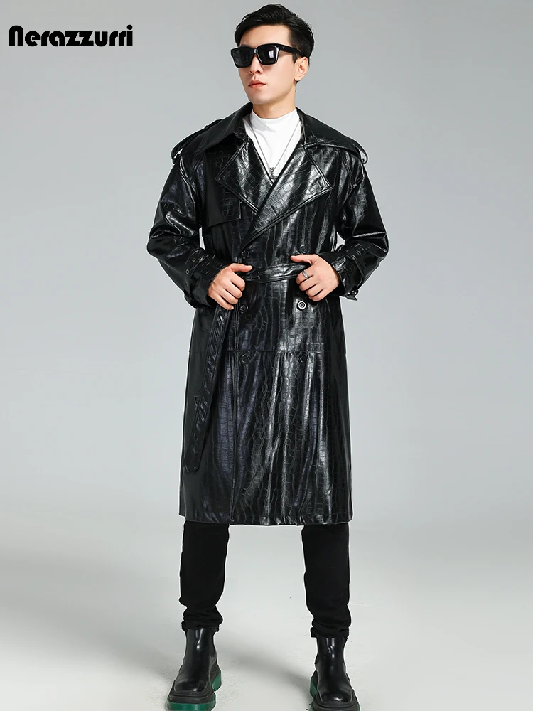 Nerazzurri Autumn Winter Long Black Crocodile Print Pu Leather