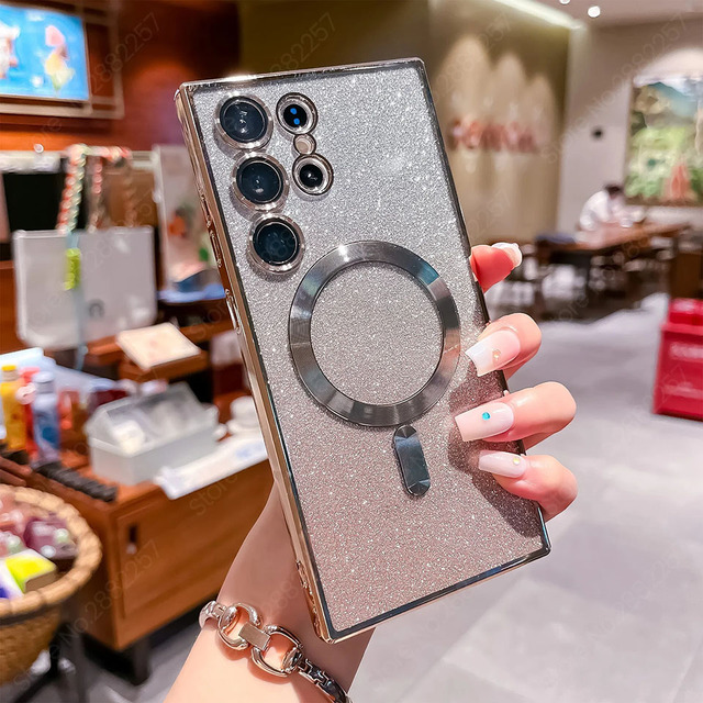 Glitter Luxury Magnetic Woman Case For Magsafe For Samsung Galaxy S24 S23 S22 Ultra Plus Accessories Wireless Charging Cover - For Galaxy S23Ultra, Gold