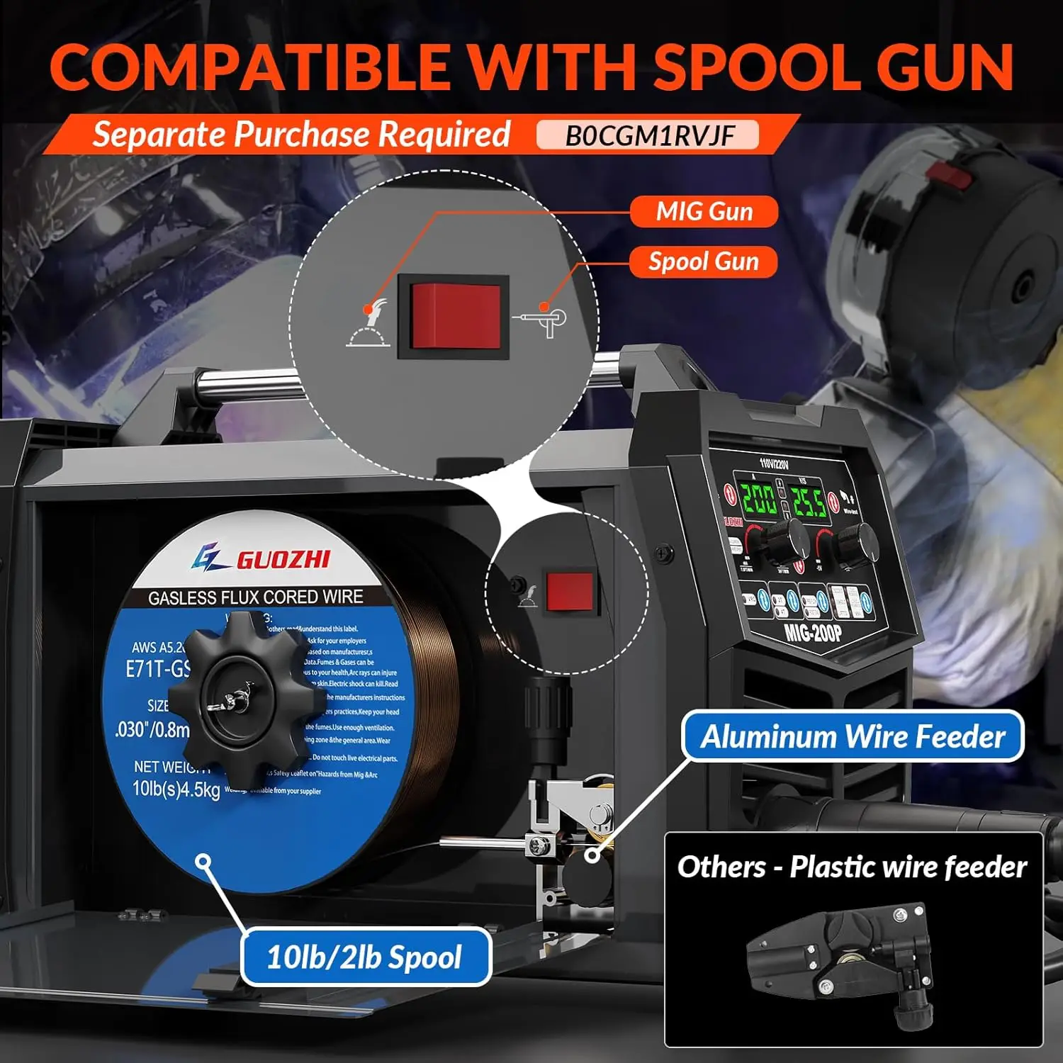 GUOZHI 200A MIG Welder, 7 in 1 Gas MIG/MAG/Gasless Flux Core MIG/Lift TIG/Stick/Spot Welding/Spool Gun Multi-Process, Dual Vo 5