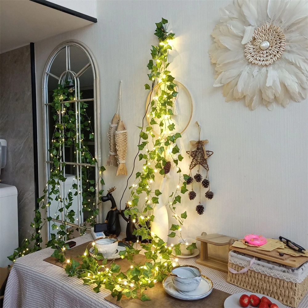 

10m 5m 2m Green Leaves Light String Battery/Solar Powere Creepe Ivy Leaf Vine LED Lamp for Wedding Christmas Garden Patio Decor