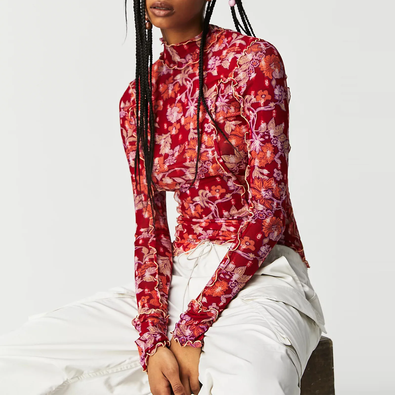 

Women's Long Sleeve Mesh Tops Vintage Floral Print High Neck Lettuce Slim T-Shirt for Spring, Summer