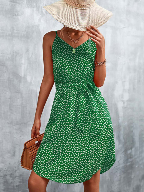 Summer Midi Floral Dress Women V Neck Boho Dress Ladies A Line Spaghetti Strap Flower Party Dress For Women