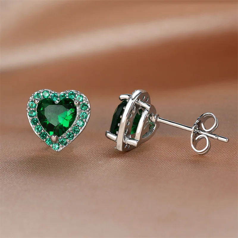 Luxury Female Black/Green/Red/White Stud Earring Fashion Silver Color Small Heart Vintage Wedding Jewelry