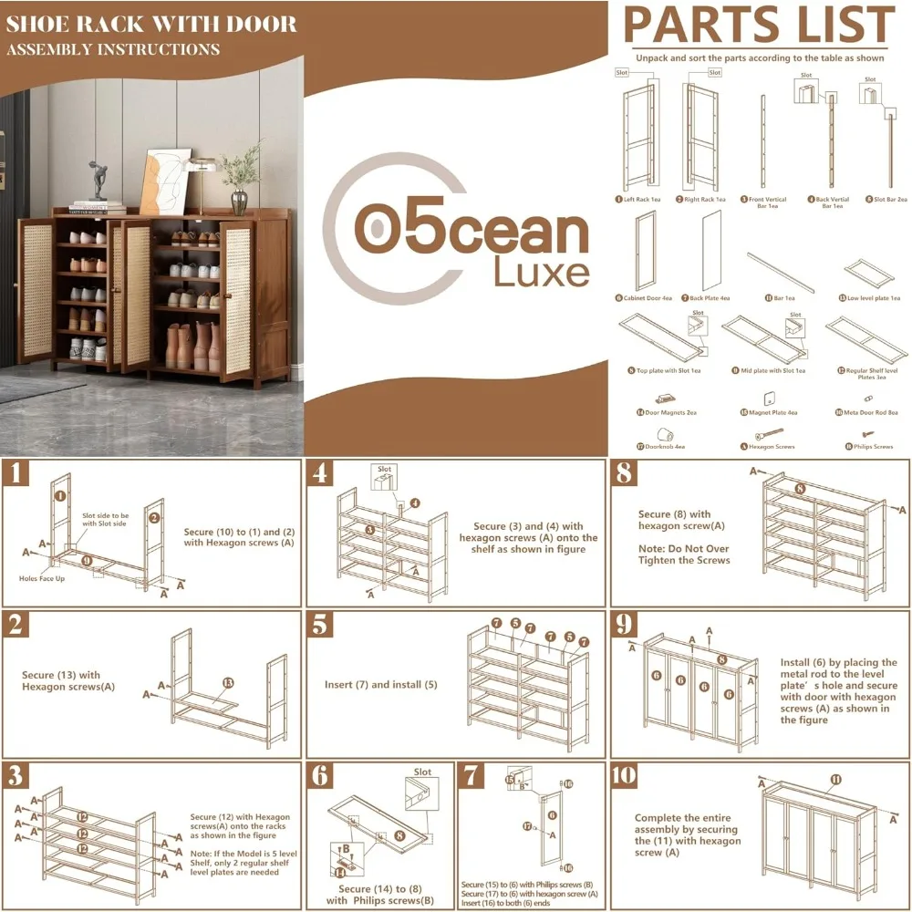 6-Tier Rattan Shoe Cabinet with Doors, 27 Pairs Storage for Entryway Hallway Living Room, Large Capacity Farmhouse Style