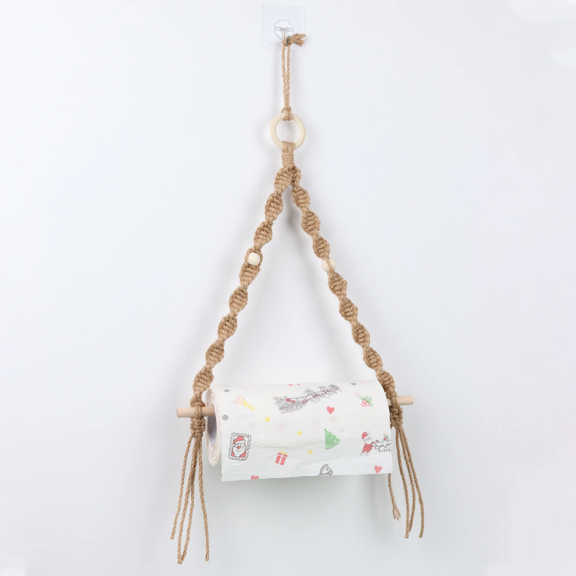 Bohemian Hand-woven Hemp Wall-mounted Wooden Bead Roll Paper Rack Towel Rack Homestay Tissue Storage Wall Home Decoration