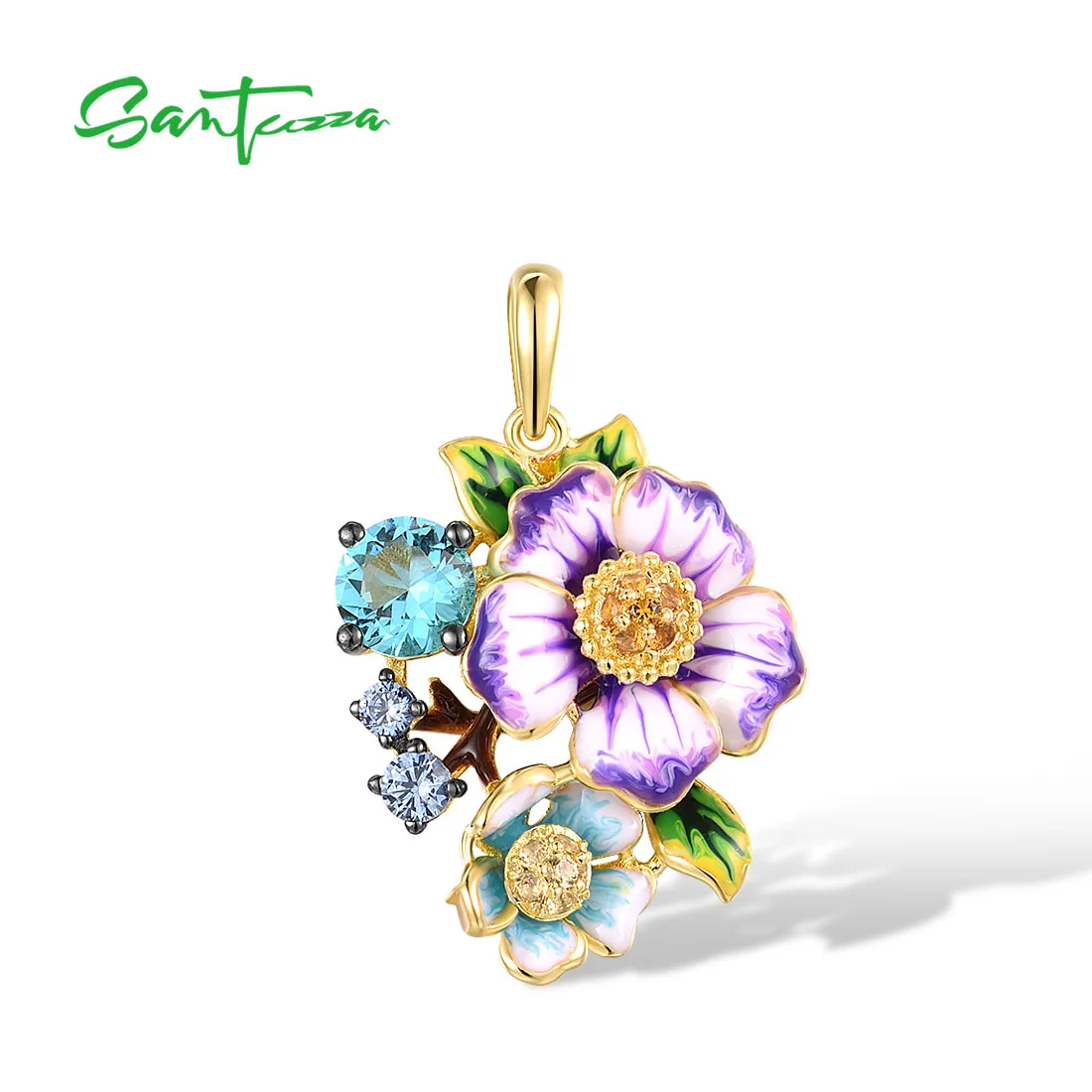 

SANTUZZA Real 925 Sterling Silver Pendant For Women Yellow Nano Blue Stone Purple Flower Delicate Fine Jewelry Handmade Enamel