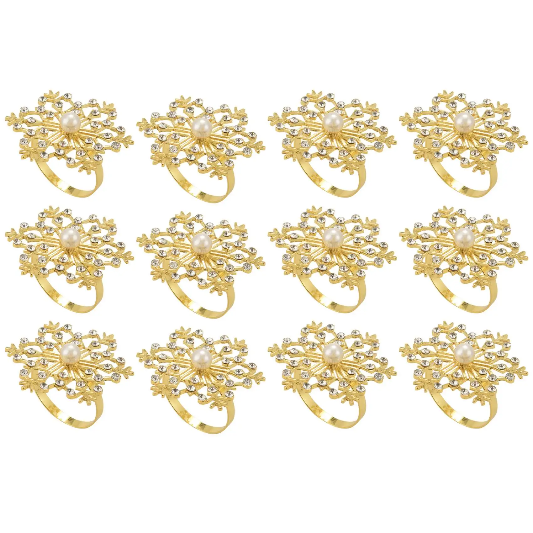 12 Pieces Snowflake Napkin Rings Christmas Napkin Ring Buckle Rhinestone Pearl Holder for Christmas Table Decor