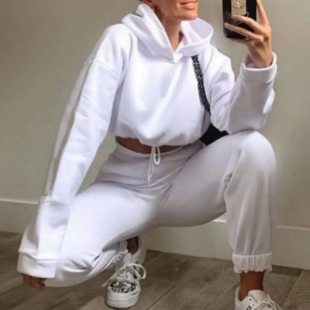 

Sweatshirt Trousers Set Loose Fit Hoodie Pants Set Stylish Women's Sports Tracksuit Set Hooded Sweatshirt Cropped Top for Active