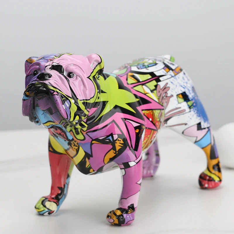 

Creative Colorful English Bulldog Figurines Modern Graffiti Art Home Decorations Room Bookshelf TV Cabinet Decor Animal Ornament