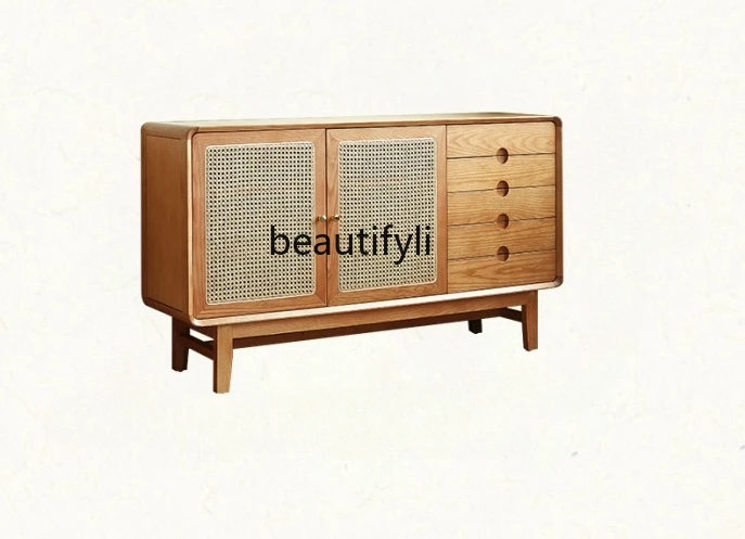 

Nordic Solid Wood Sideboard Integrated Wall Rattan Tea Storage Modern Simple Small Apartment