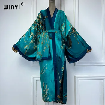 WINYI Kimono Women Summer fashion Print Long Sleeve Cardigan Female Loose abaya Casual beach Cover Up boho dress with scarf 1
