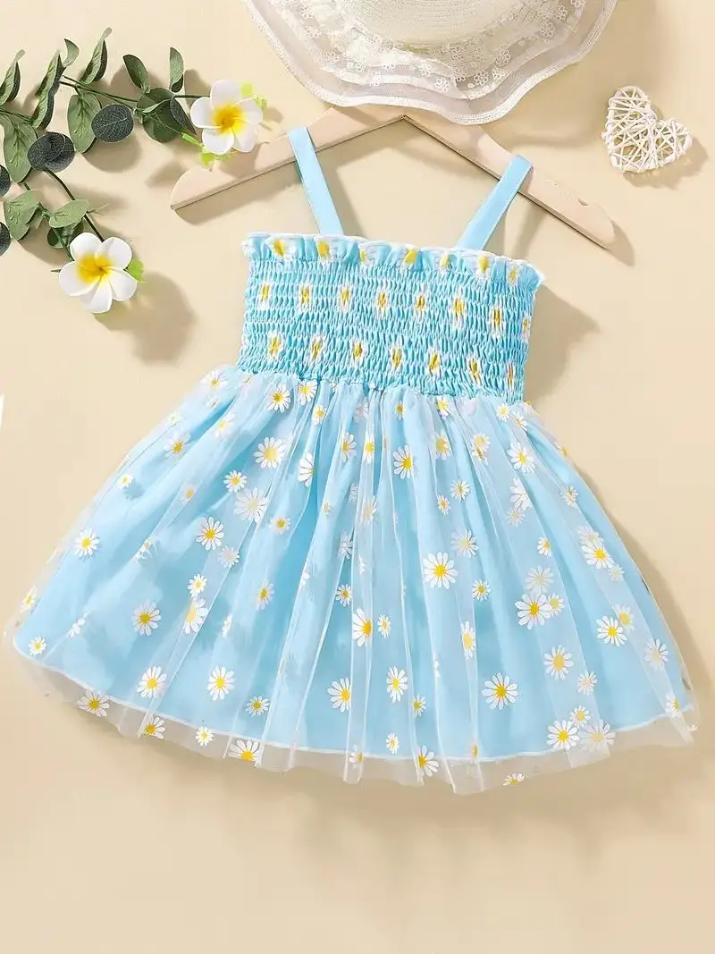 Girls Dress Infant Toddler Cartoon Daisy Pattern Shirred Casual Mesh Cami Summer
