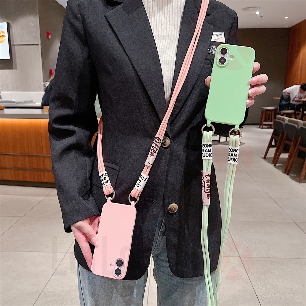 Crossbody Necklace Strap Cord Matte Soft Phone Case For iPhone 16 15 Pro Max 14 Plus 13 12 11 Liquid Silicone Shockproof Cover_voghion.com
