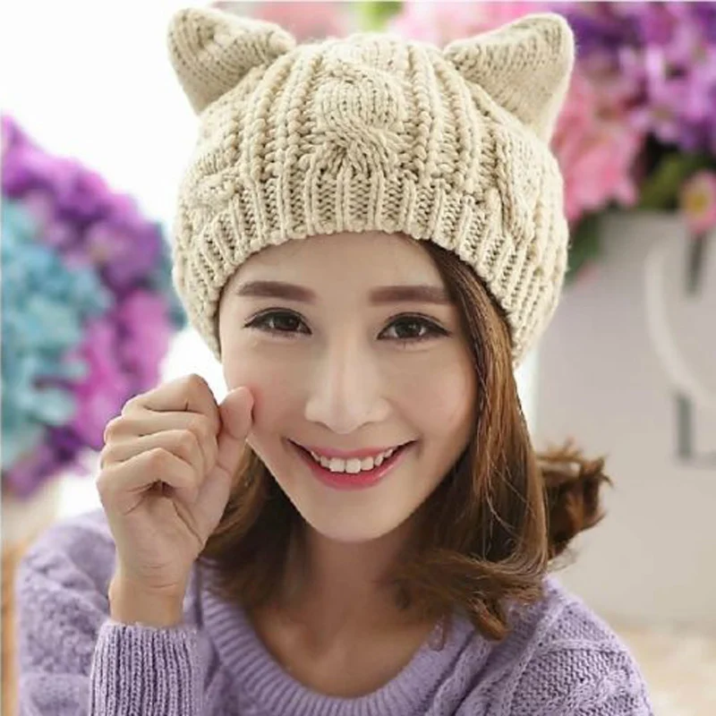 

Cat Ears Womens Knit Beanie Skullies Caps Warm Women Beanies Crochet Hats Hip Hop Cap Ski Hat Winter Warm Hats Women Hat