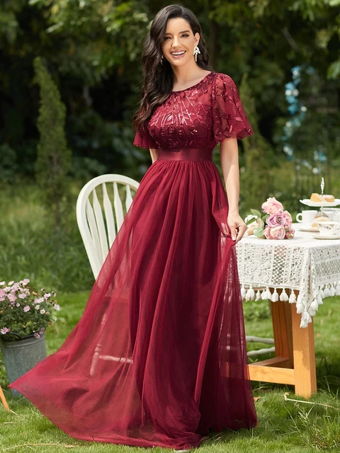 Vestidos de dama de honor elegantes con estampado de lentejuelas, vestidos  Maxi largos de cuello redondo, línea A, siempre bonitos, de gasa de encaje  Simple para baile de graduación de mujer 2022|Vestidos