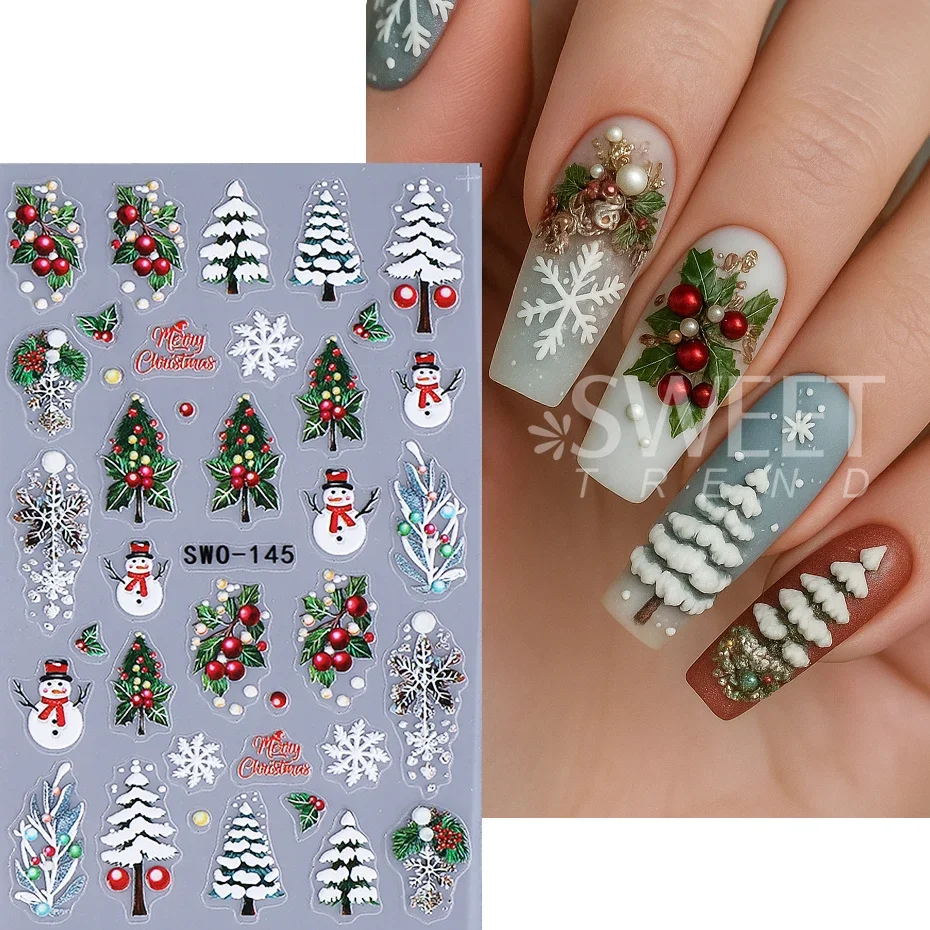 2pcs Christmas Embossed 3D Nail Stickers Cute Robin Bird Snowflake Holly Xmas Tree Adhesive Nail Decals DIY Manicure Decoration