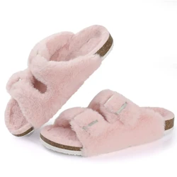 Crestar Women's Cozy Fuzzy Slippers with Cork Footbed and Adjustable Strap - 41(25.5cm) (Pink)
