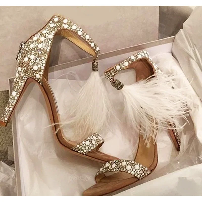 Women Sandals Summer Ladies Round Toe Sequined Cloth 11.5CM Thin High heels Slip On ZIP Rhinestones Bling women shoes size 35-42