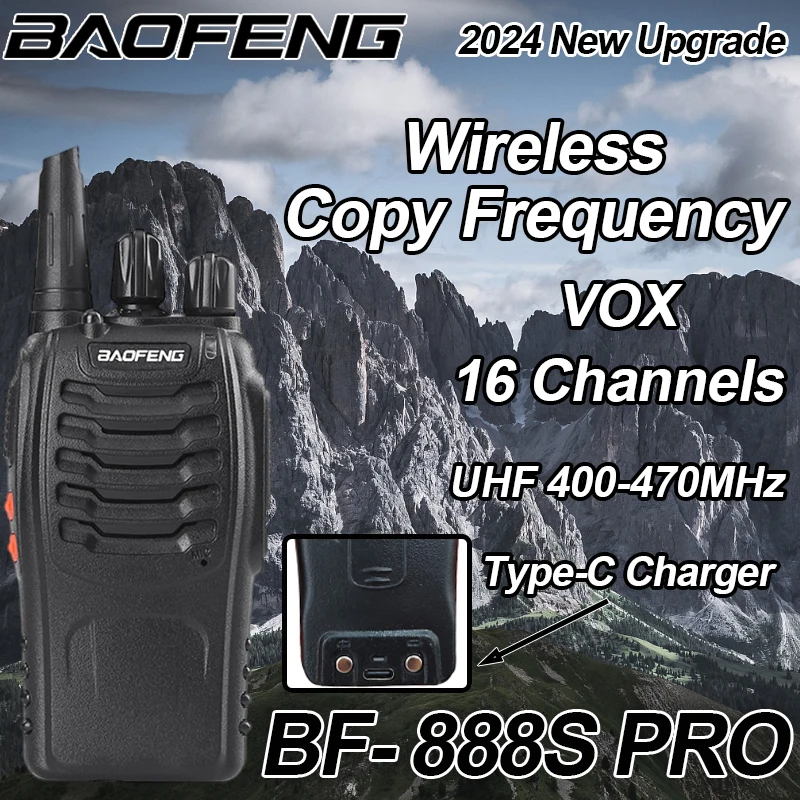 2PCS Baofeng BF-888S Pro Walkie Talkie Long Range Wireless Copy Frequency Type-C Portable 5W 16CH UHF400-470MHz Ham 2Way Radio 2
