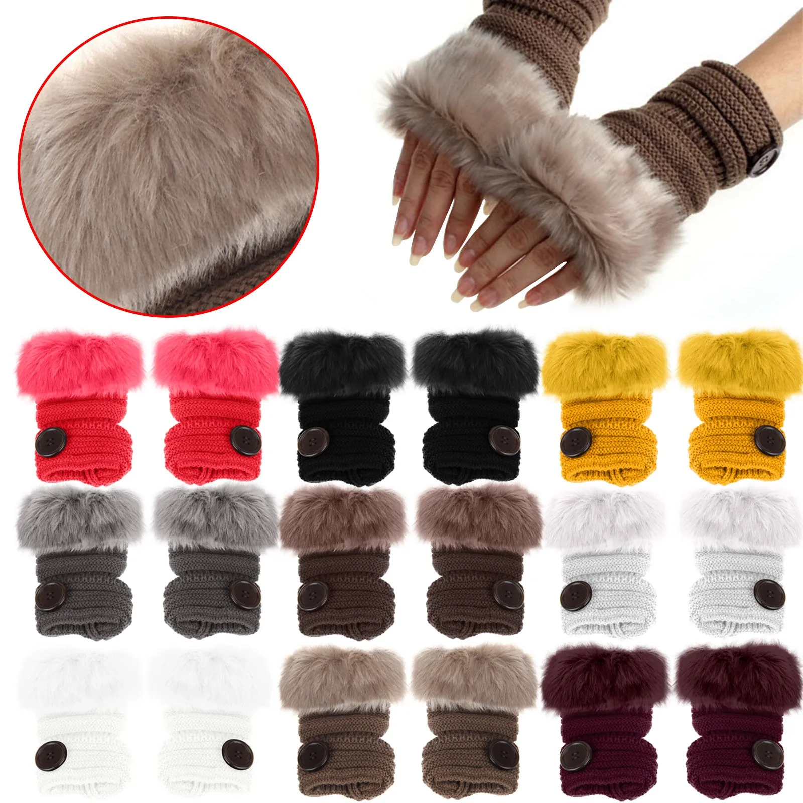 

Women Korean Style Button Gloves Solid Color Warm Winter Knitted Wrist Length Gloves Faux Rabbit Fur Wrist Fingerless Gloves
