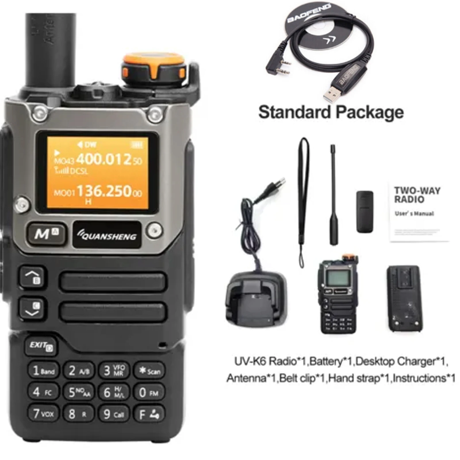 

Quansheng UV-K6 (8) Walkie Talkie 5W Type C UHF VHF Двухдиапазонная двухсторонняя радиостанция с USB-кабелем для программирования