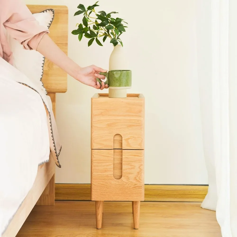Mid Century Modern Nightstand, Solid Wood Night Table, Minimalist Nightstand, Side Table for Bedroom, 2-Drawer Bedside Tables, N